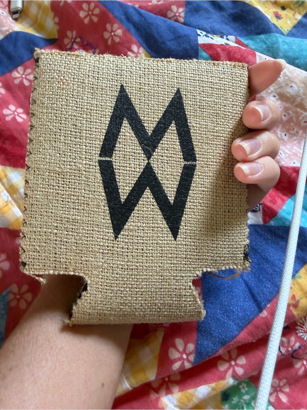 Burlap Can Cooler with Black Geometric Logo